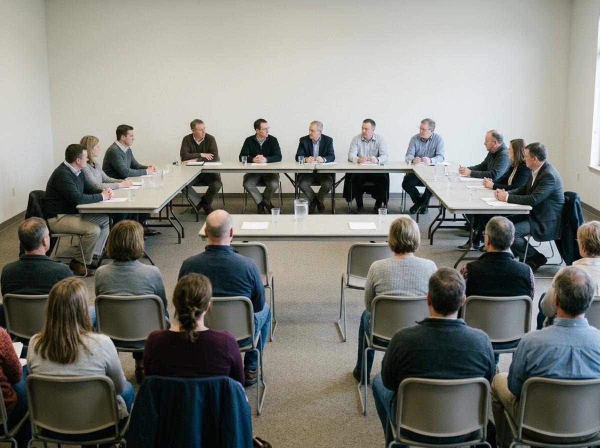A public meeting in progress, seen wide from the back of the room