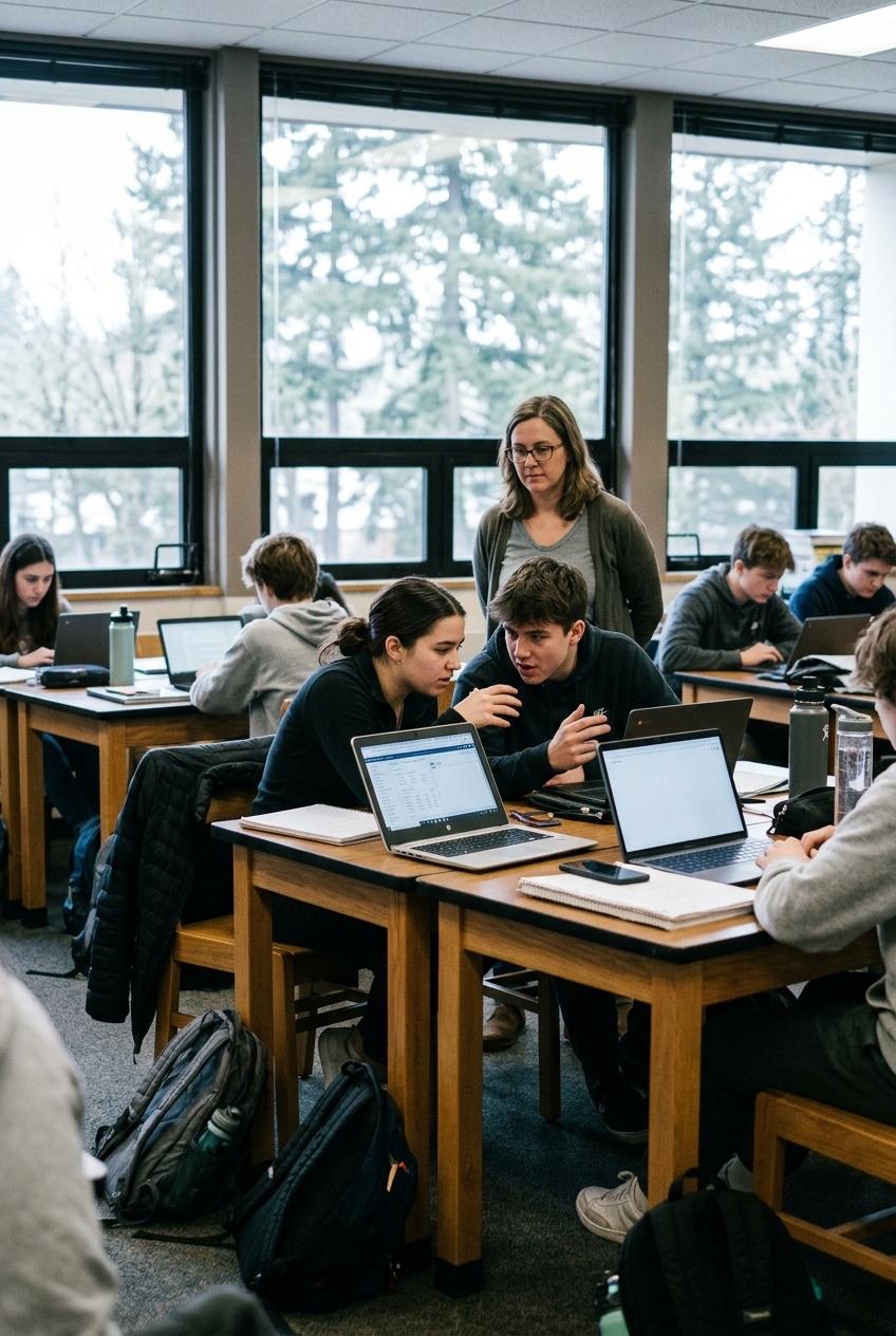 High school students working at laptops, two leaning together over one screen while a teacher listens