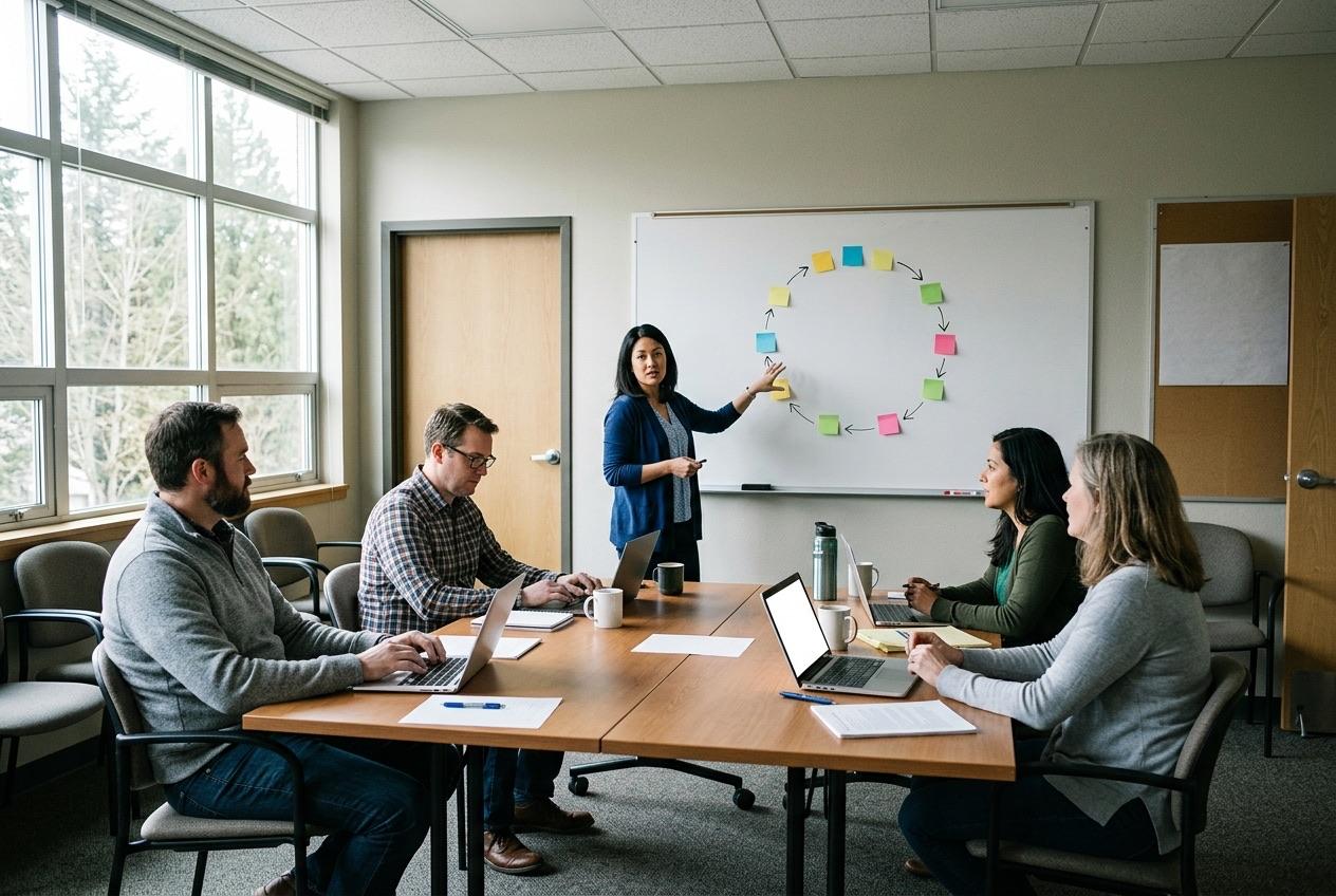 School staff mid-working-session around a table, a loop of sticky notes on the whiteboard behind them