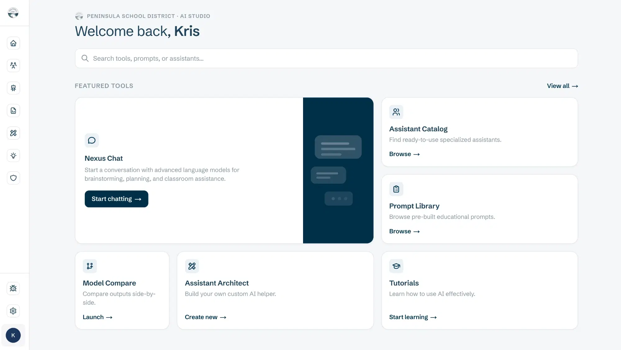 The AI Studio home screen: a welcome message, a search bar, and featured tools including Nexus Chat, the Assistant Catalog, the Prompt Library, Model Compare, Assistant Architect and Tutorials