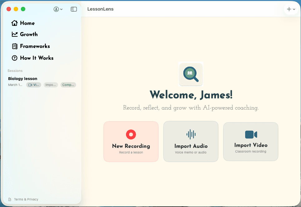 The LessonLens home screen on a Mac, offering New Recording, Import Audio and Import Video