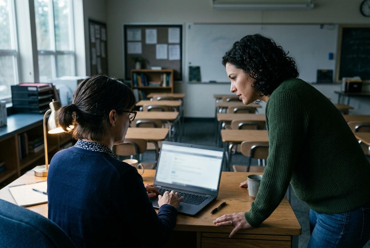 Two people looking at a laptop together in a classroom after hours