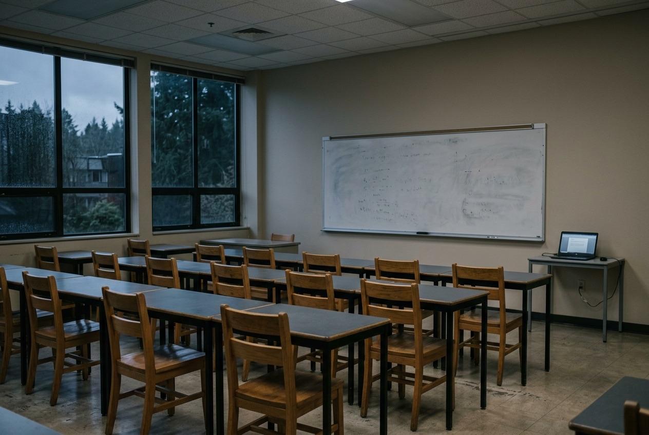An empty classroom after hours with a laptop open on a side table