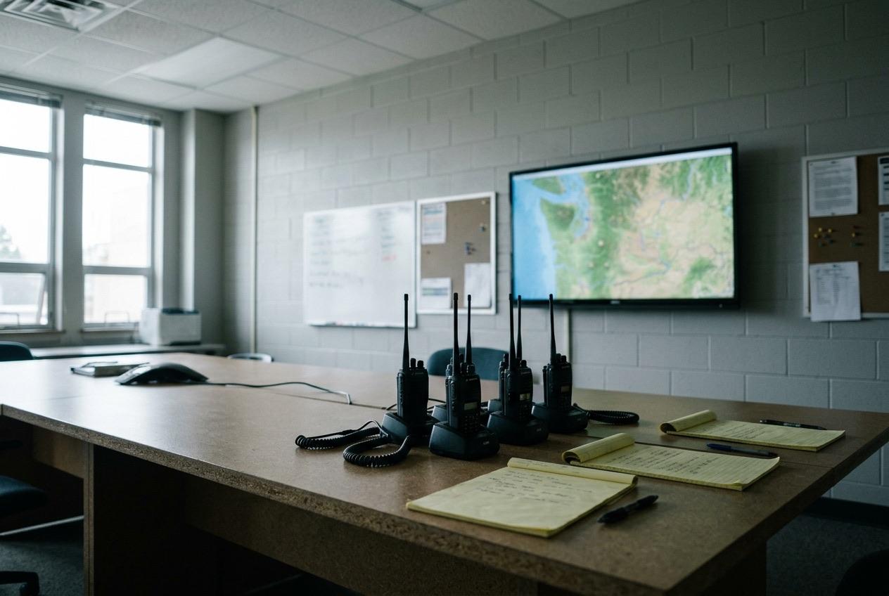 An operations room with handheld radios on chargers and a wall display showing a map