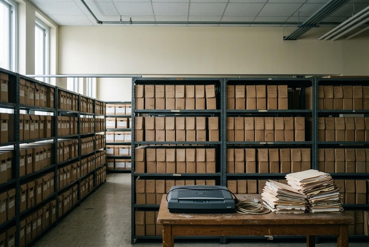 A records office with archive boxes on metal shelving and a scanner on a work table