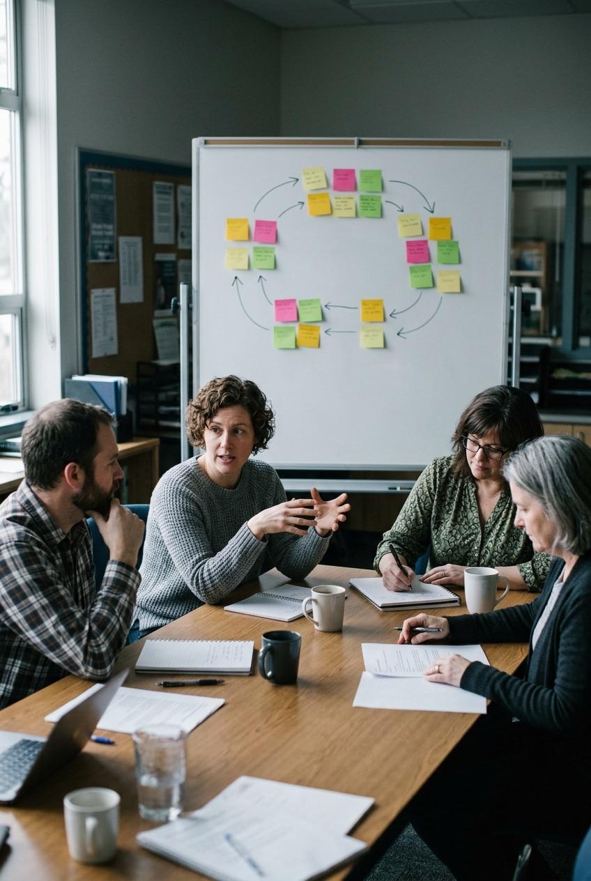 Four staff around a table mid-discussion, a whiteboard behind them carrying sticky notes in a rough loop