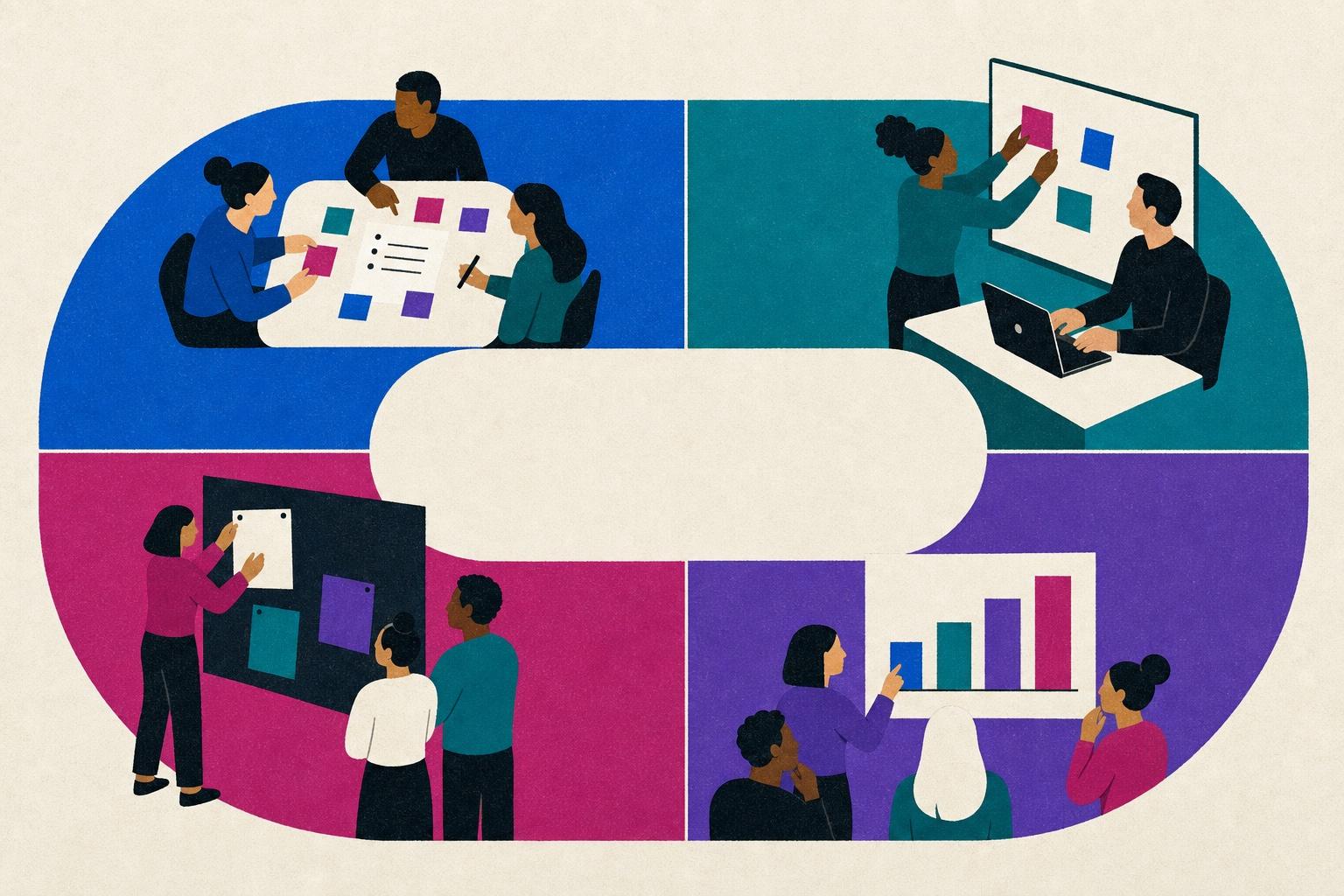 Four groups of staff around a looping track, planning at a table with sticky notes, building at a laptop and whiteboard, studying a bar chart, and pinning a finished page to a board