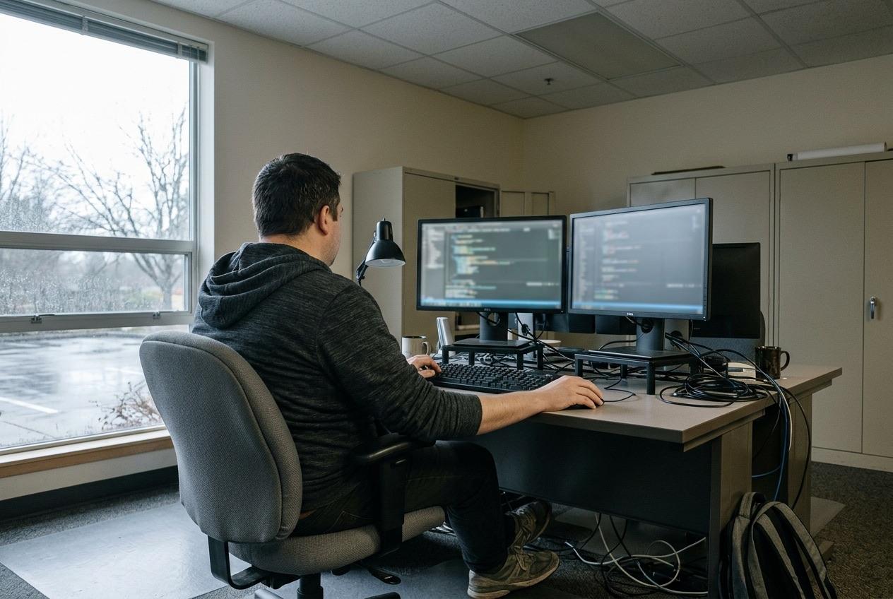 A staff member working at a two-monitor desk in a district office