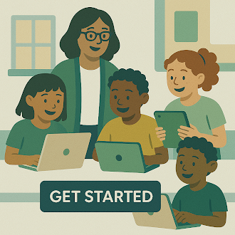 cartoon image of a person with the words get started